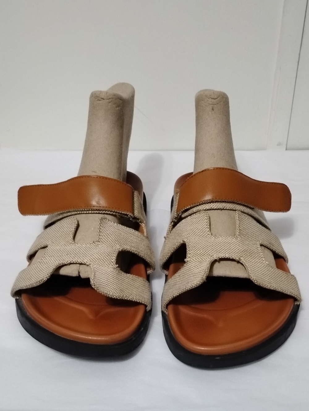 The Unbranded Chypre Style Beige Canvas and Tan Leather Slide Sport Sandals